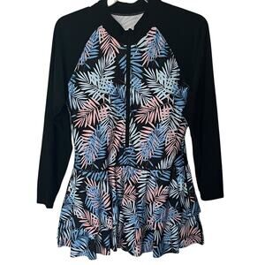 UNIQUEBELLA LONG SLV ZIP FRONT 1-PIECE SWIM DRESS, WOMENS, 3XL, BLUE PINK BLACK